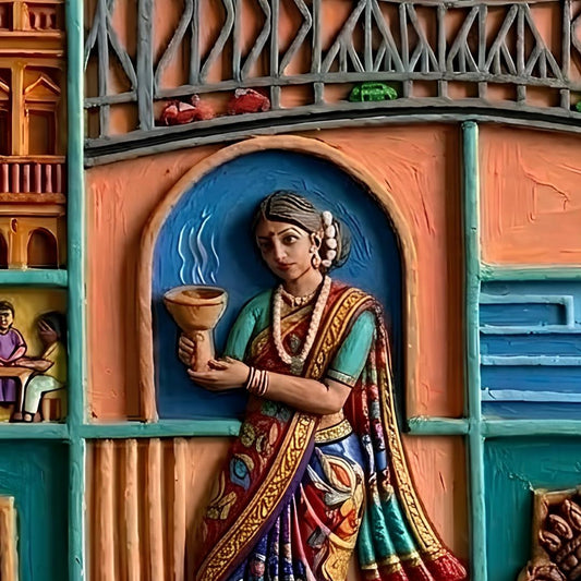 Handcrafted Bengal Folk Art 3D Clay Wooden Frame Wall Hanging