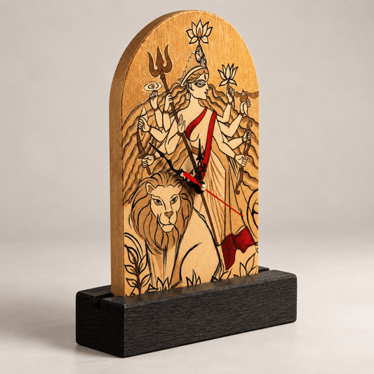 Wooden Handcrafted Wall & Table Clock Maa Durga