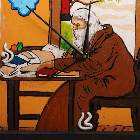 Wooden Wall & Table Clock Hand Painted Rabindranath Tagore with Wall Mount & Table Stand