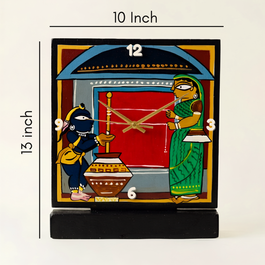 Table Clock Wooden Hand Painted Jamini Roy Art