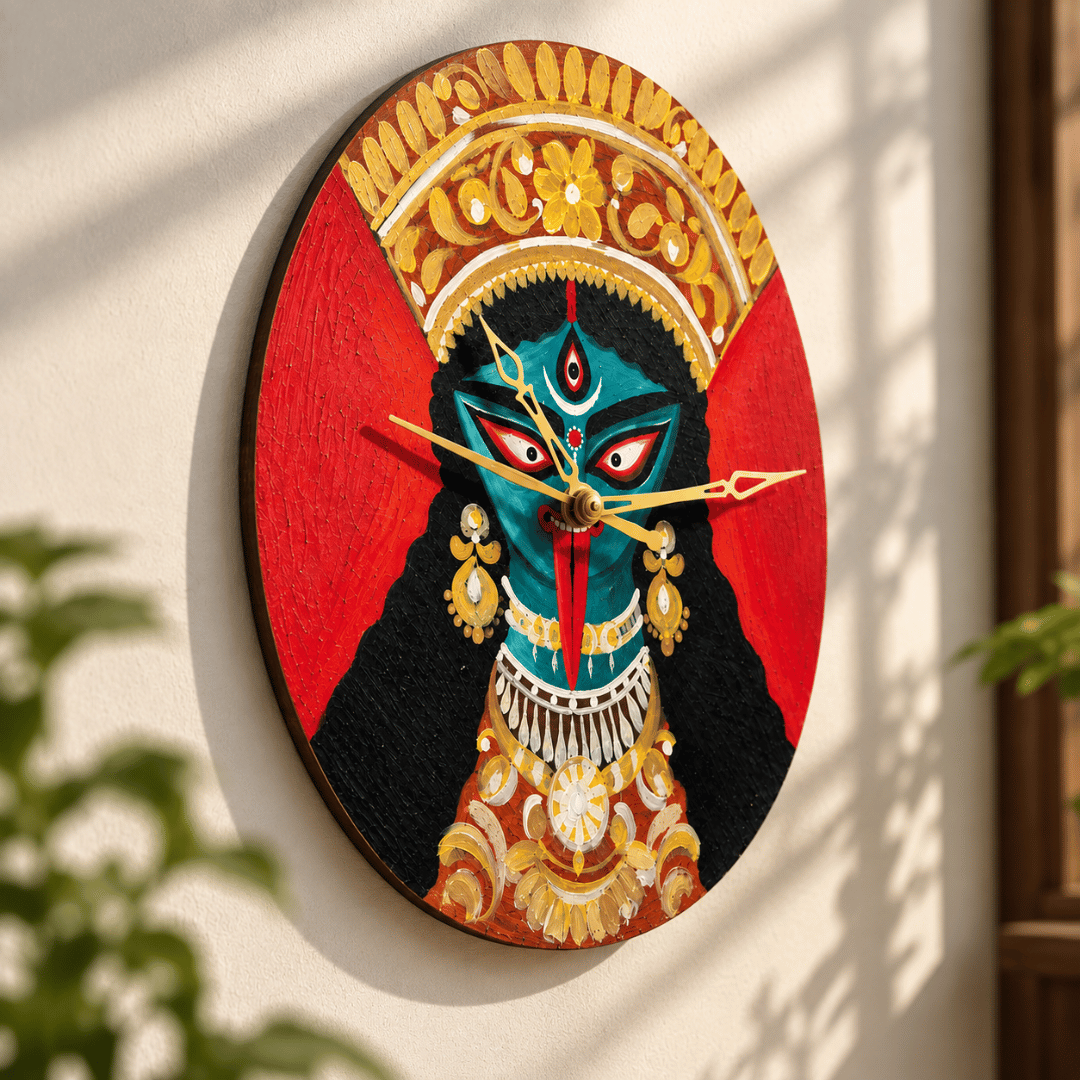 Wooden Wall Clock Analog Hand Painted Kali Maa