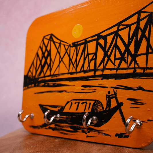 Wooden Key Holder Hand Painted Howrah Bridge with 4 Key Hooks