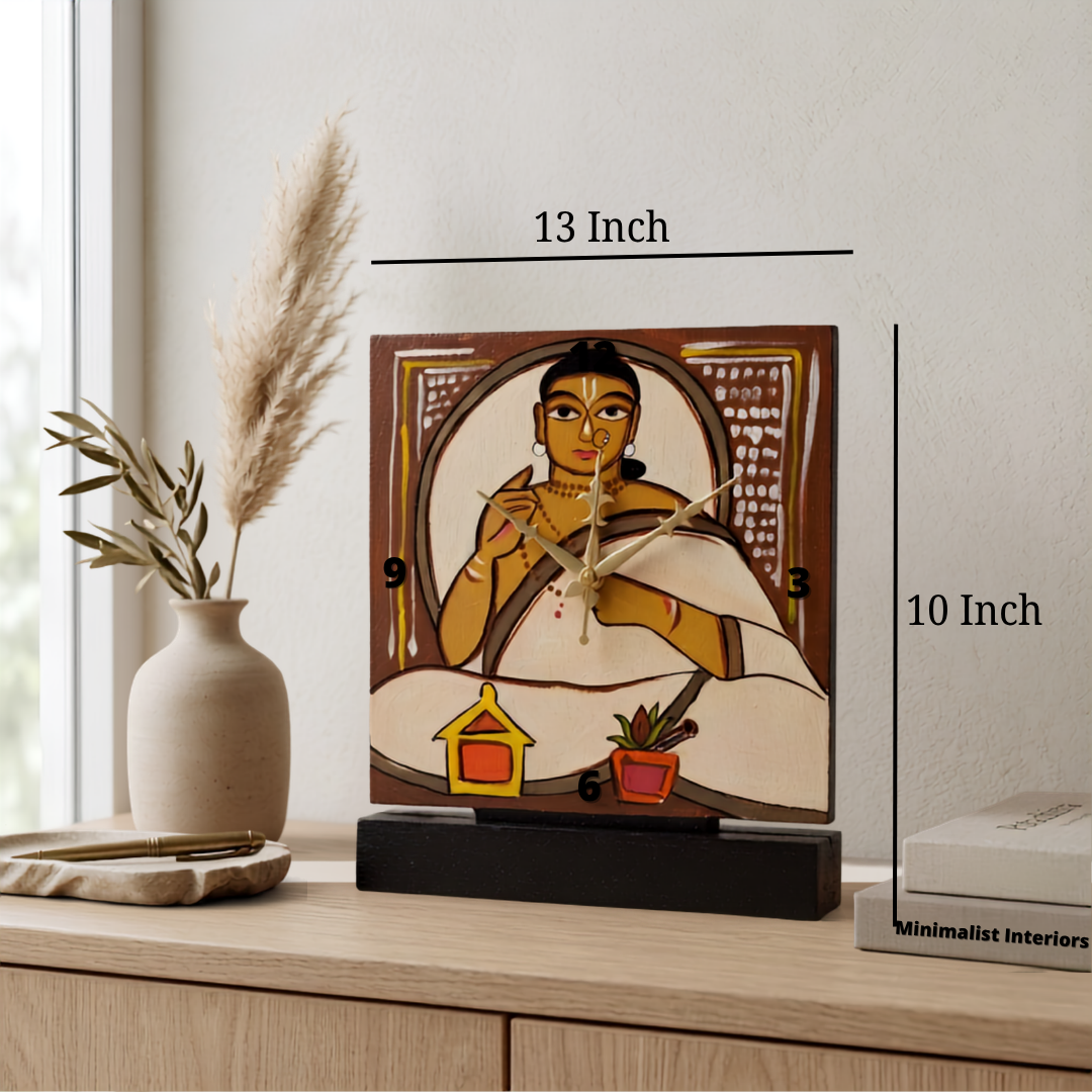 Hand Painted Wooden Table Clock - Jamini Roy Painting
