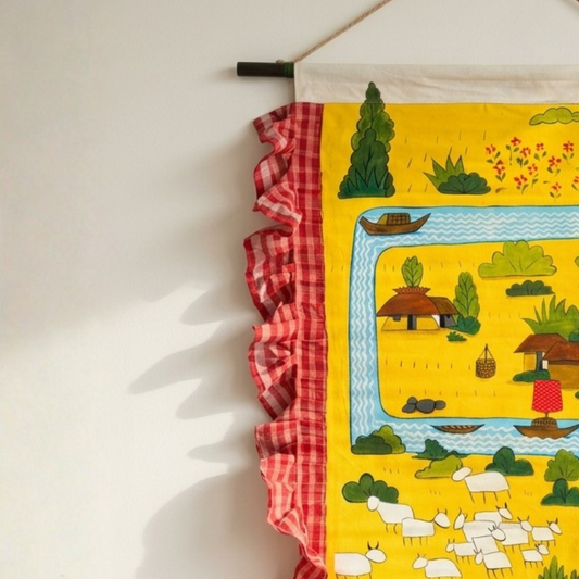 Hand-Painted Wall Hanging Scroll Village Story Indian Wall Decor