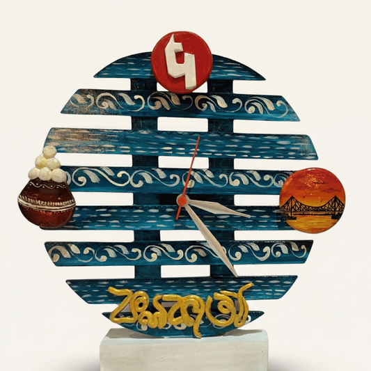 Handcrafted wooden table clock featuring Bengal heritage artwork with Rosogolla, Howrah Bridge, and iconic city landmarks.