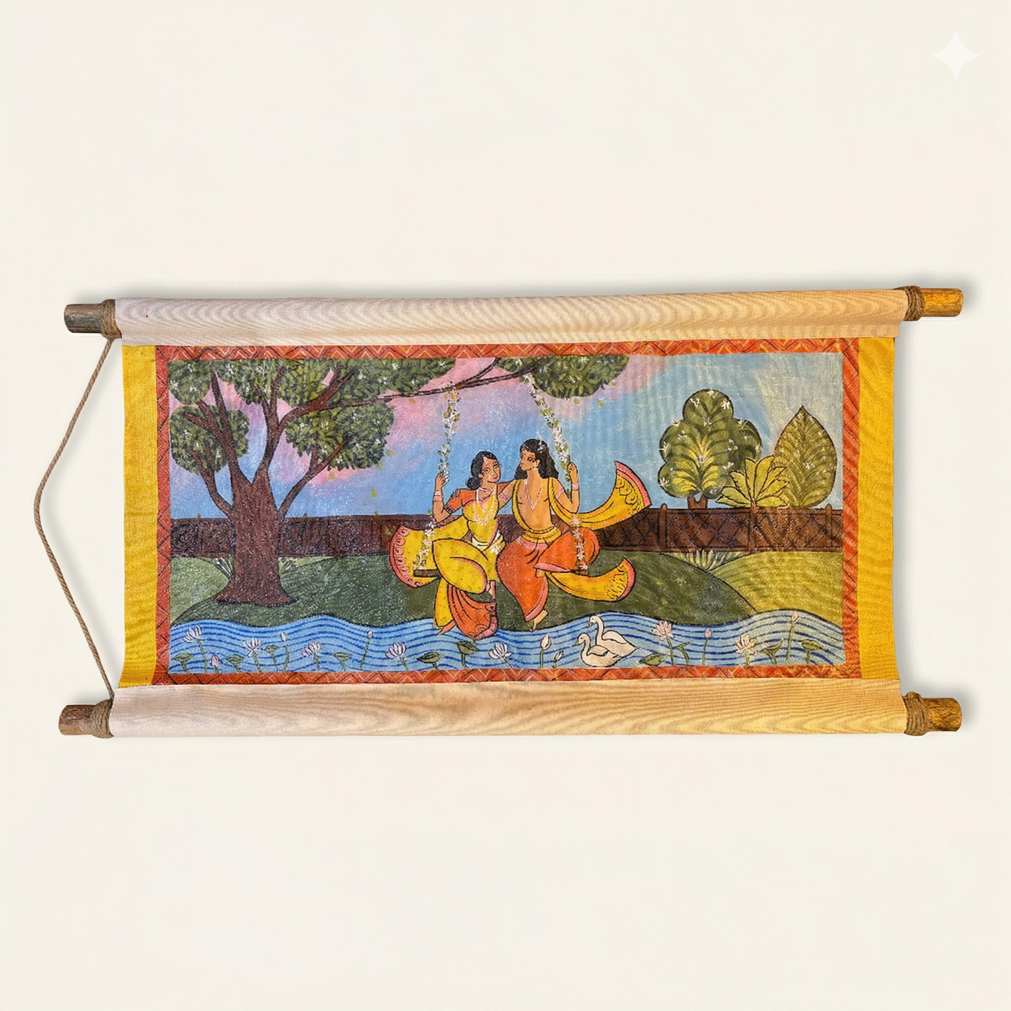 Decorative wall scroll with a colorful scene of people under a tree on a white background