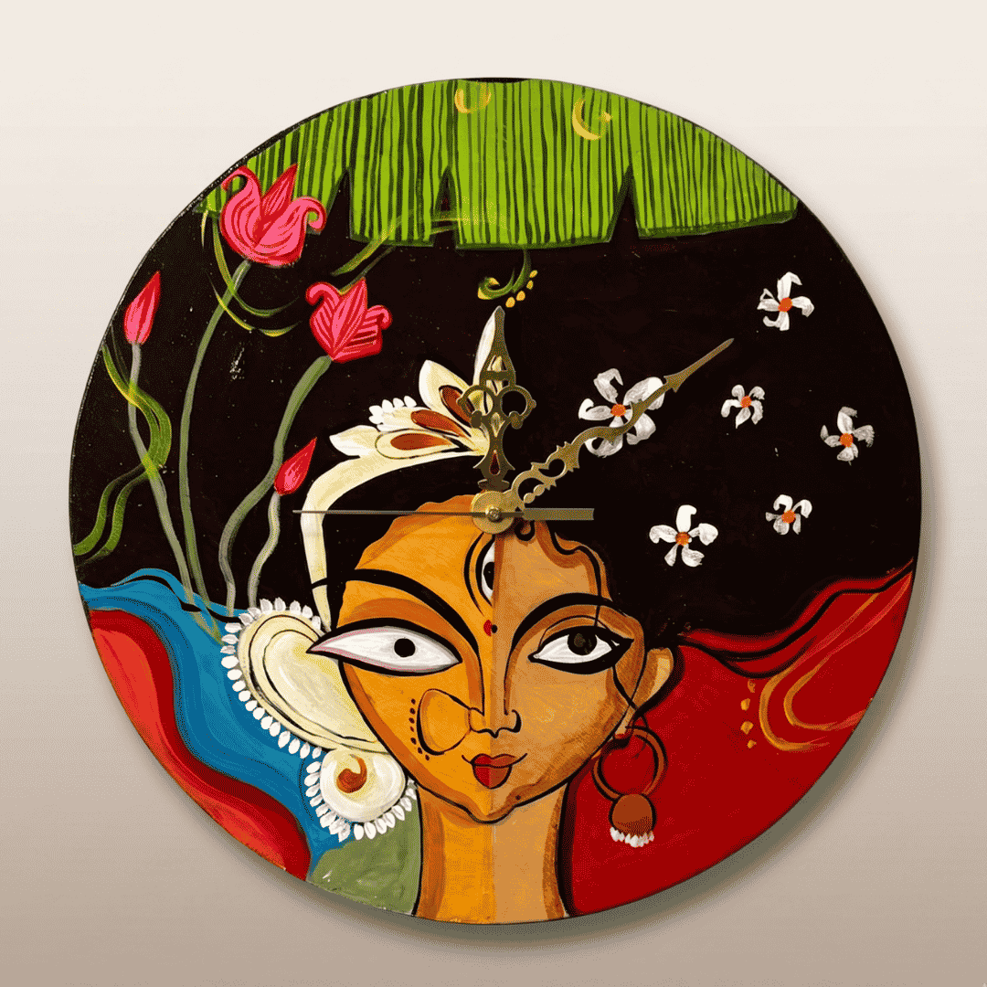 Wooden Wall Clock Maa Durga Painting Wall Mount Hanging Wall Decor