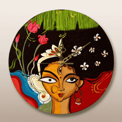 Wooden Wall Clock Maa Durga Painting Wall Mount Hanging Wall Decor
