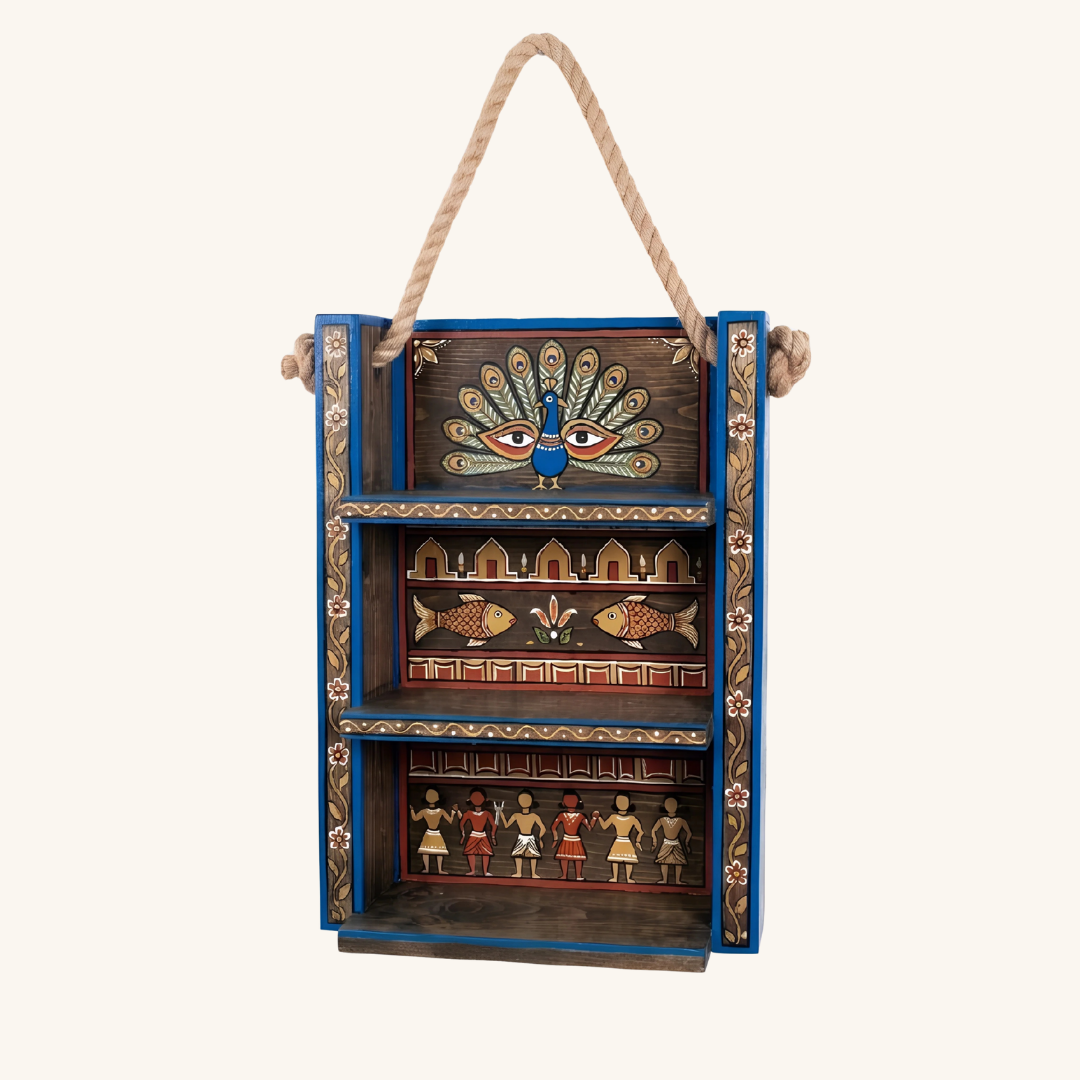 Mayur Angaan Folk Art Hanging Shelf – Handpainted Wooden Wall Shelve for Home Decor