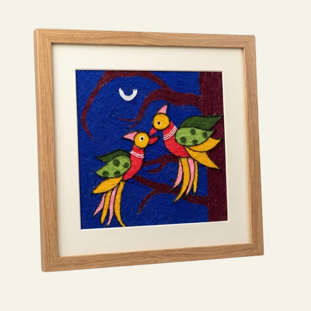 Pakhi Katha Folk Art Framed Wall Art – Handwoven Wool in Wooden Frame