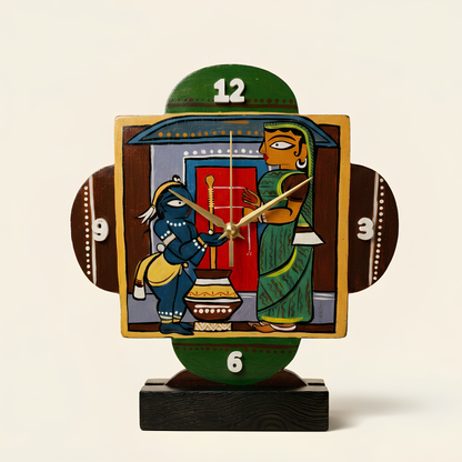 Jamini Roy Inspired Handcrafted Wooden Desk Clock