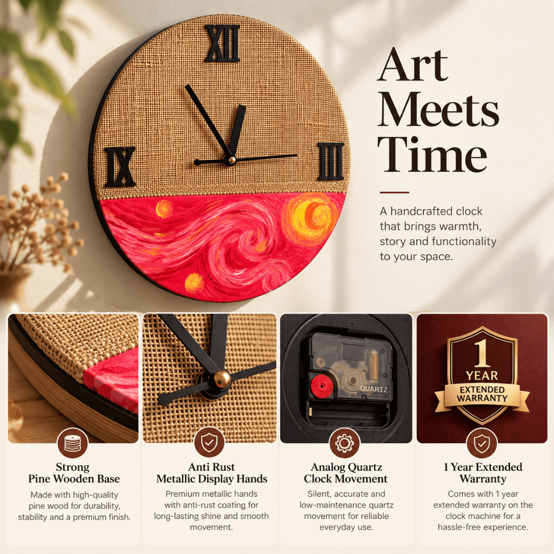 Handcrafted Wooden Wall Clock with Hand-Stitched Jute & Van Gogh Starry Night