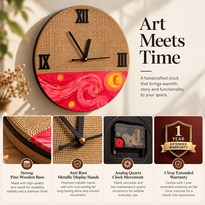 Handcrafted Wooden Wall Clock with Hand-Stitched Jute & Van Gogh Starry Night