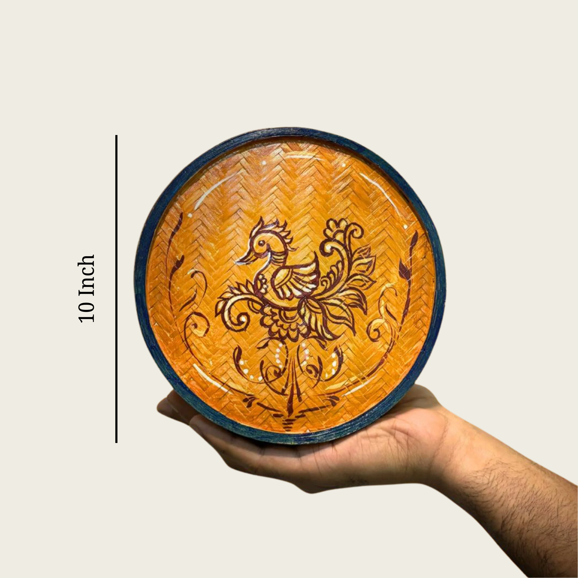 Size guide for the handcrafted bamboo storage box featuring a bird design, showing a 10-inch diameter.