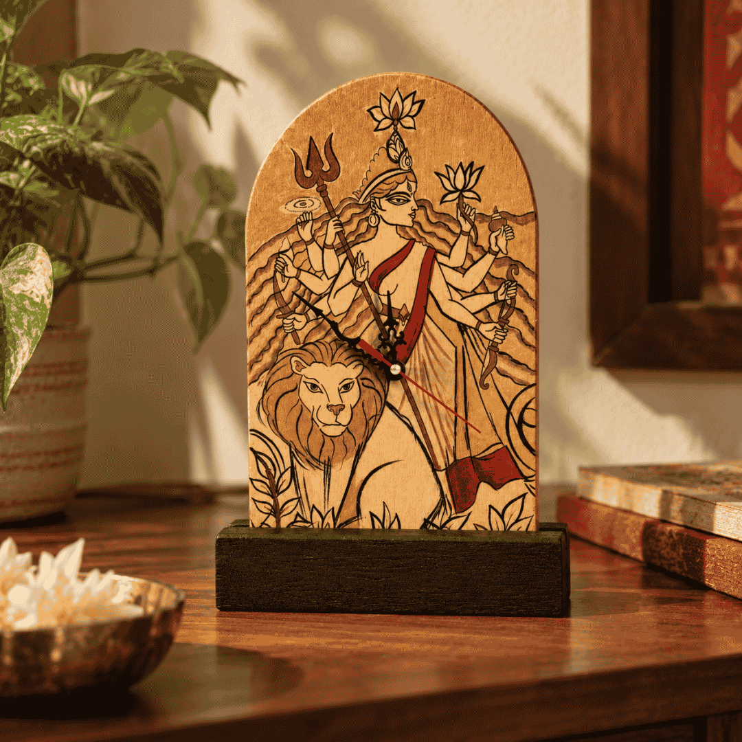 Wooden Handcrafted Wall & Table Clock Maa Durga