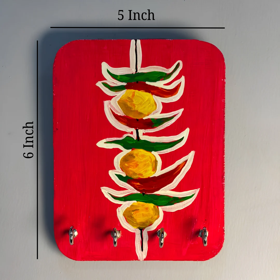 Hand-Painted Wooden Key Holder for Wall with 4 Hooks