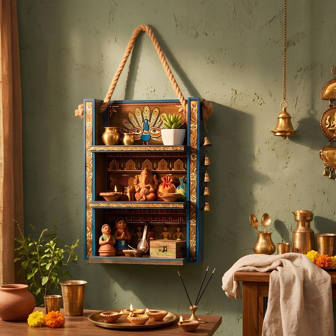 Mayur Angaan Folk Art Hanging Shelf – Handpainted Wooden Wall Shelve for Home Decor