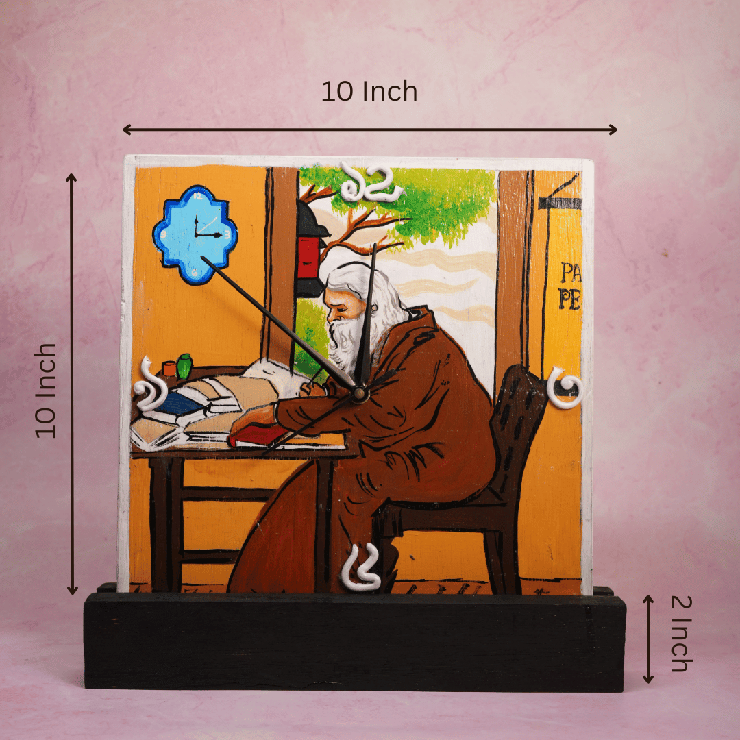 Wooden Wall & Table Clock Hand Painted Rabindranath Tagore with Wall Mount & Table Stand