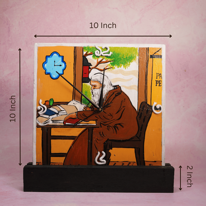 Wooden Wall & Table Clock Hand Painted Rabindranath Tagore with Wall Mount & Table Stand