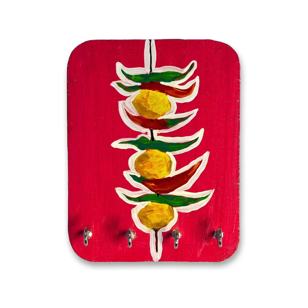 Hand-Painted Wooden Key Holder for Wall with 4 Hooks