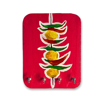 Hand-Painted Wooden Key Holder for Wall with 4 Hooks