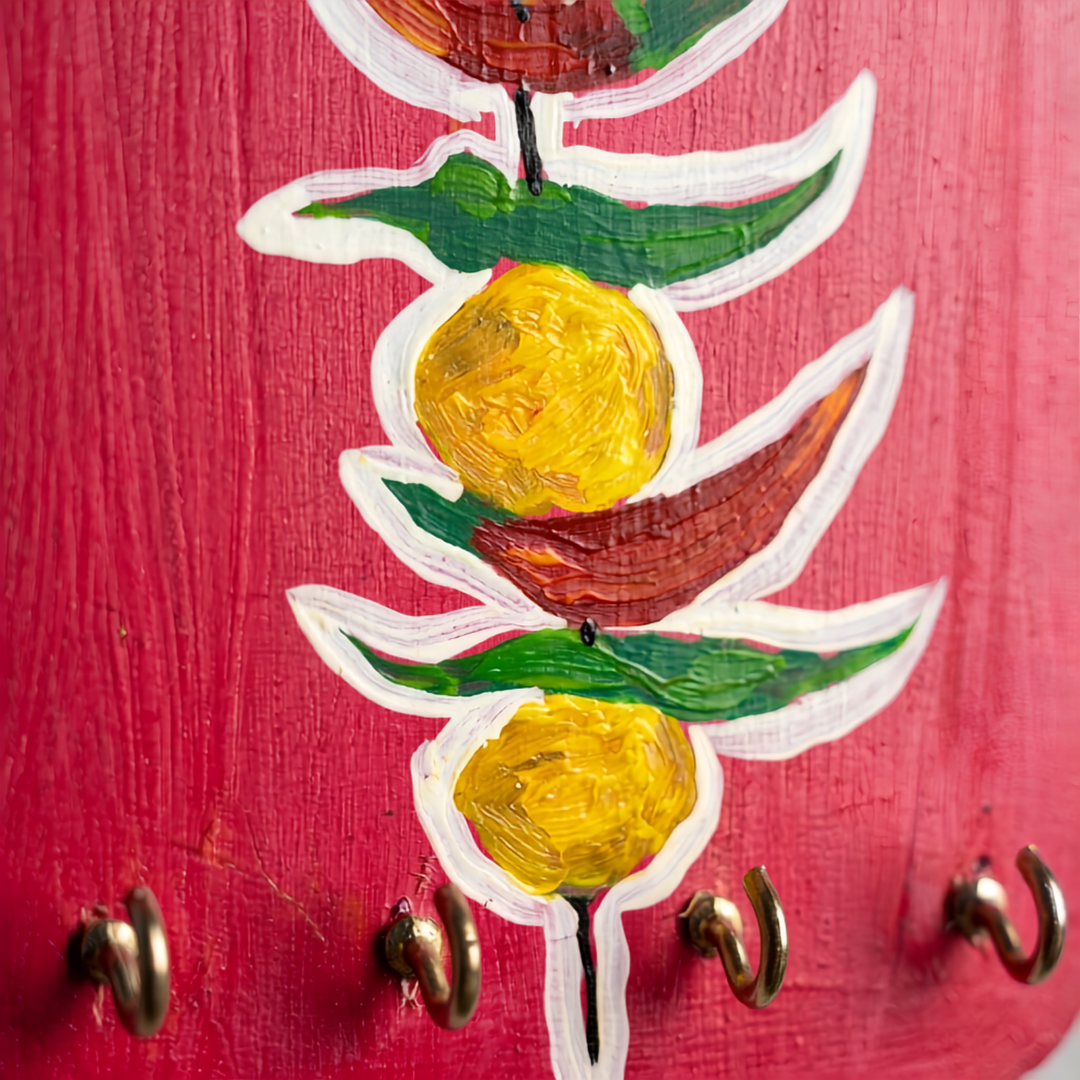 Hand-Painted Wooden Key Holder for Wall with 4 Hooks