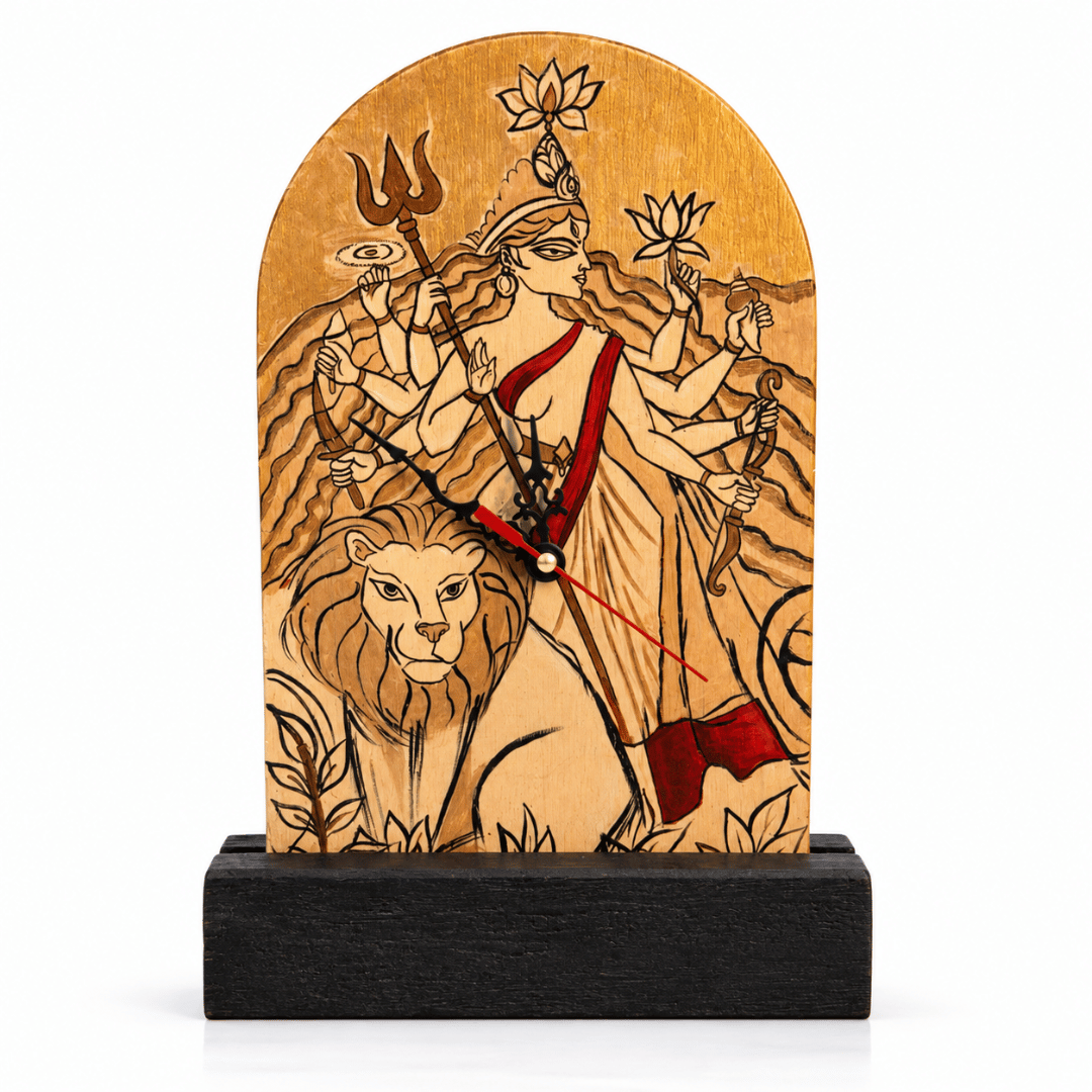 Wooden Handcrafted Wall & Table Clock Maa Durga