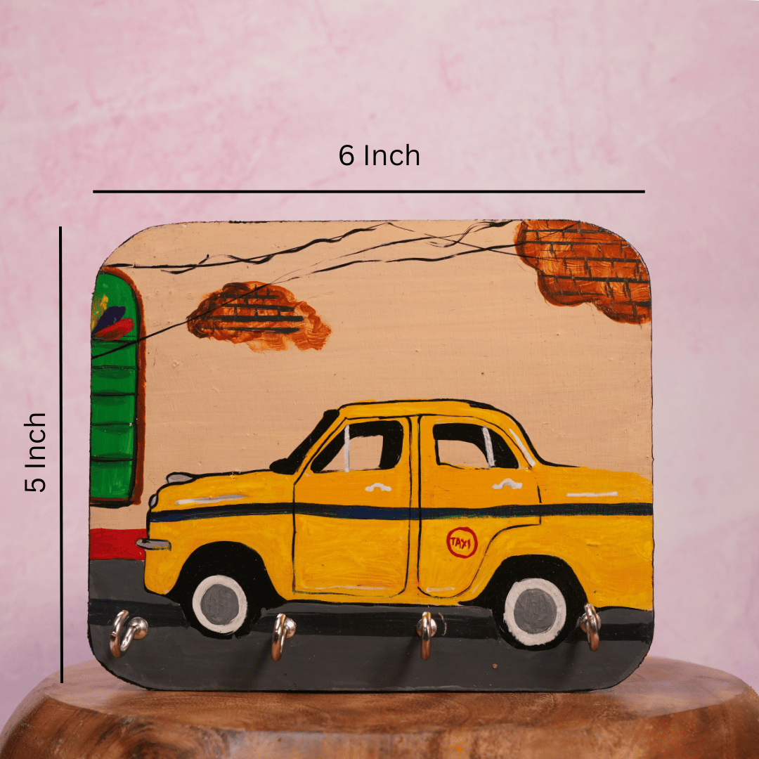 Wooden Key Holder Hand Painted Kolkata Heritage Taxi with 4 Key Hooks
