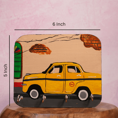 Wooden Key Holder Hand Painted Kolkata Heritage Taxi with 4 Key Hooks