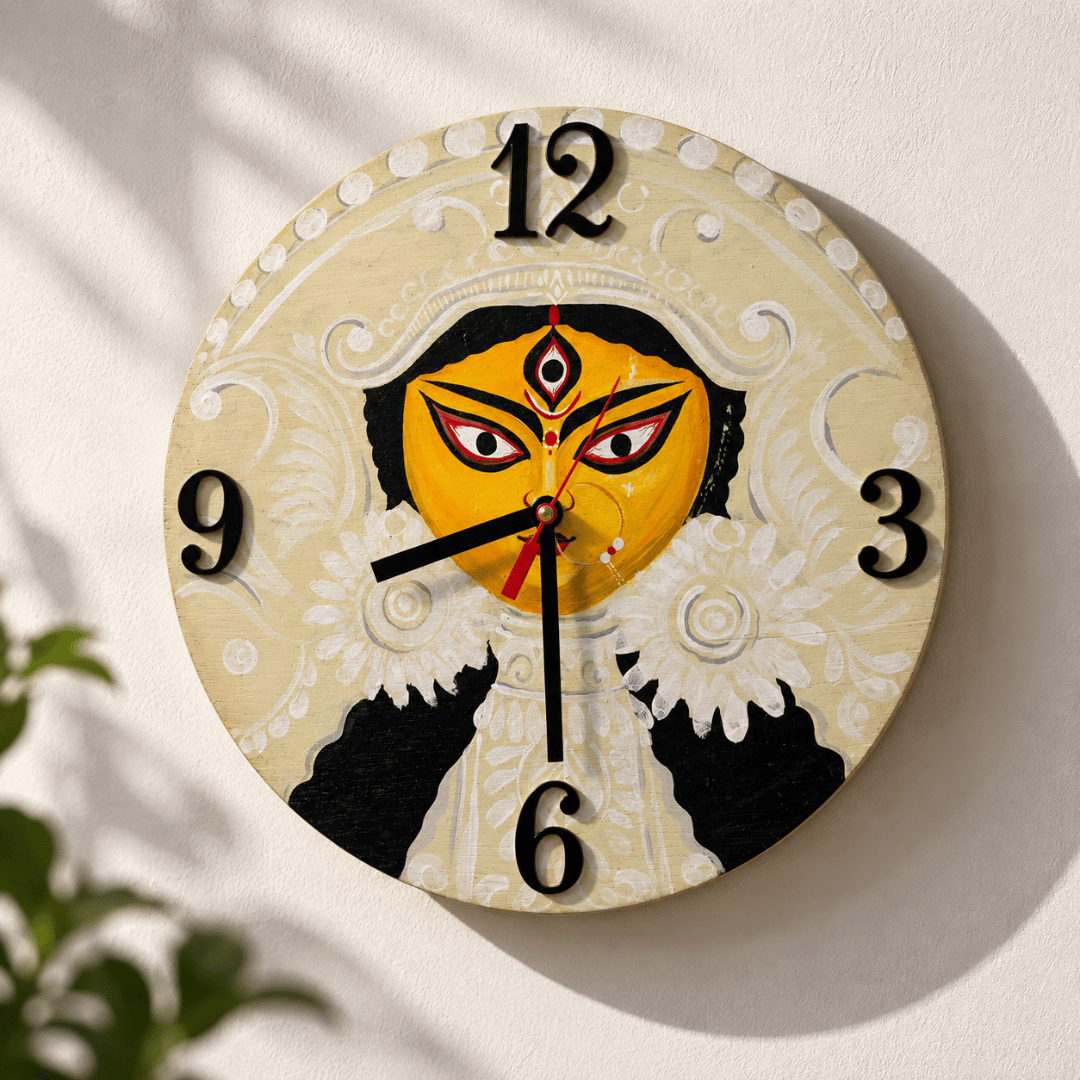 Wooden Wall Clock Handpainted Maa Durga