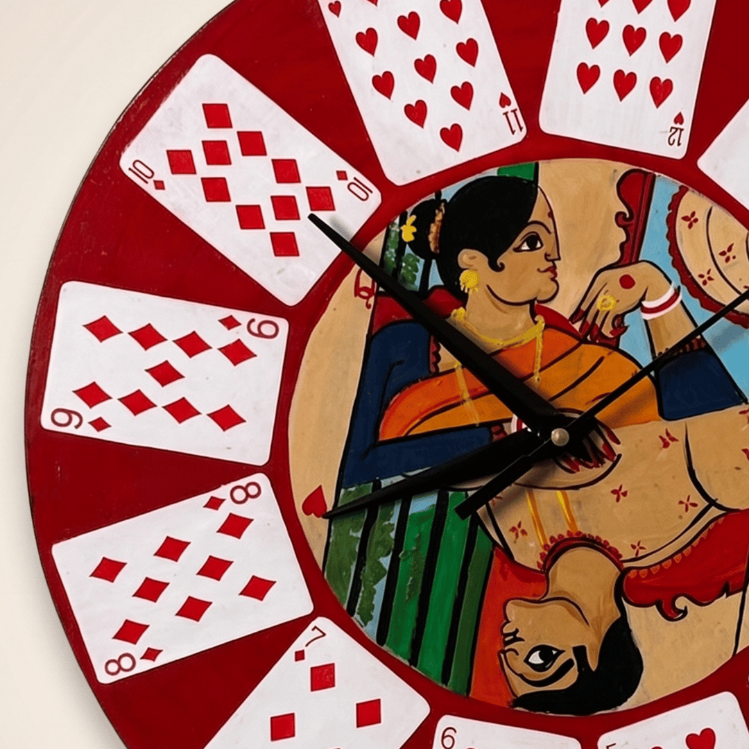 Wooden Wall Clock Raja Rani Cards Handcrafted Wall Decor