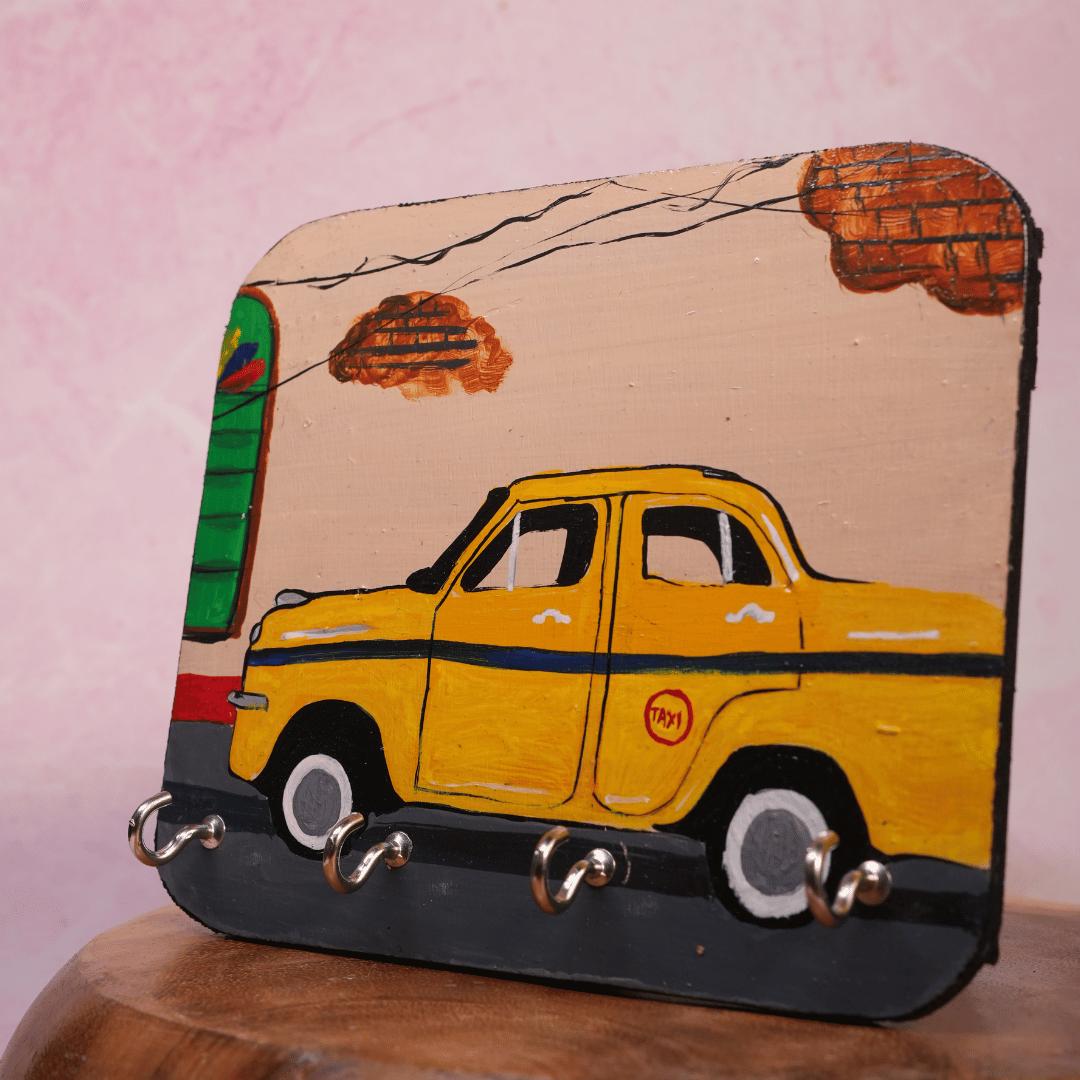 Wooden Key Holder Hand Painted Kolkata Heritage Taxi with 4 Key Hooks