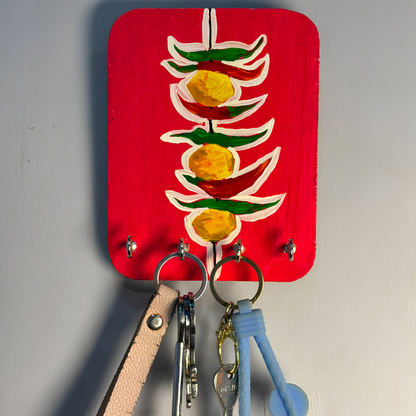 Hand-Painted Wooden Key Holder for Wall with 4 Hooks