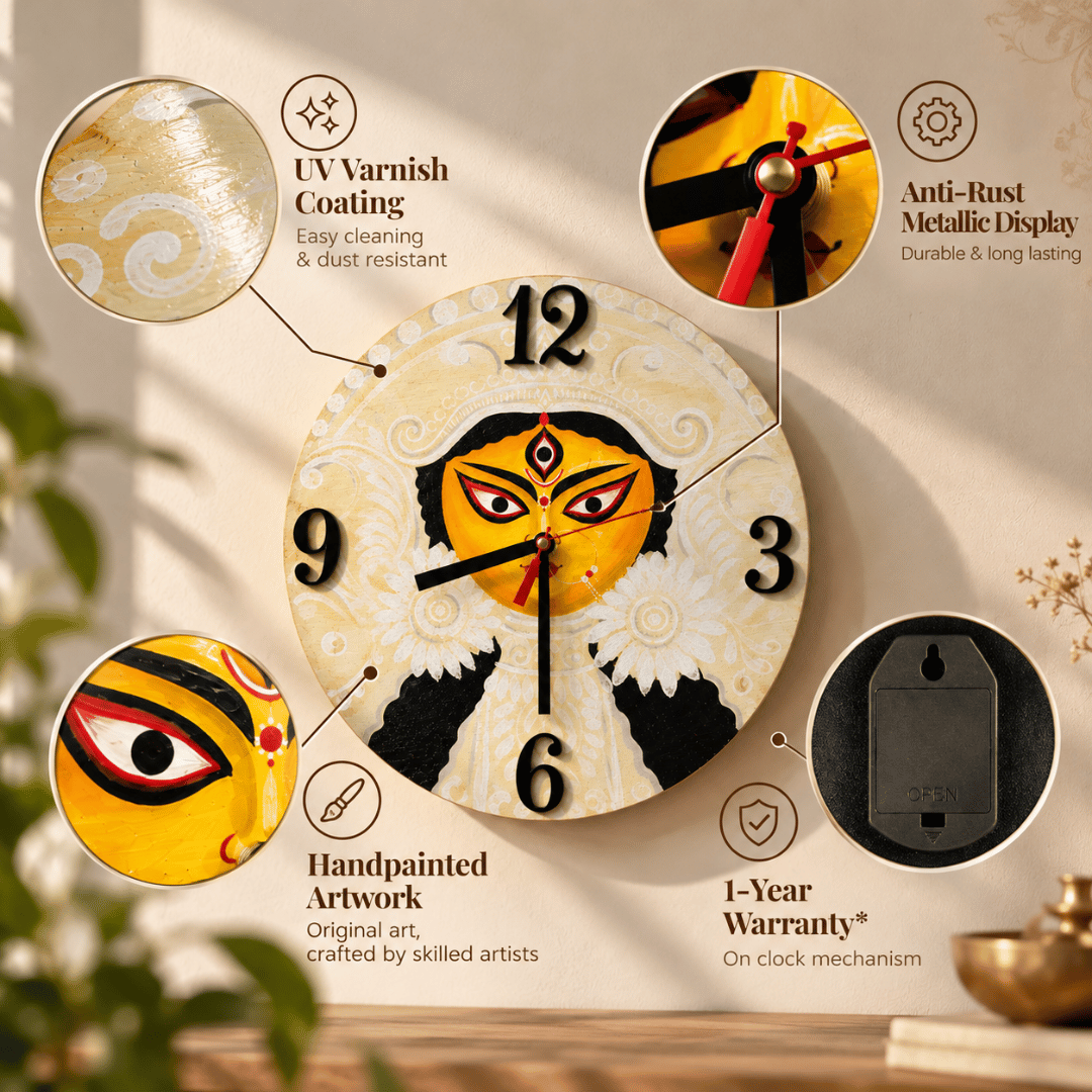 Wooden Wall Clock Handpainted Maa Durga
