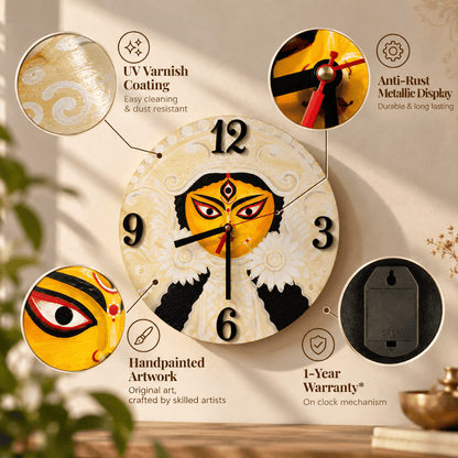 Wooden Wall Clock Handpainted Maa Durga
