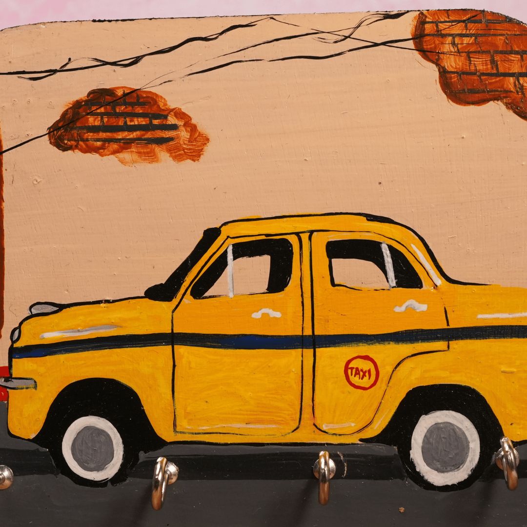 Wooden Key Holder Hand Painted Kolkata Heritage Taxi with 4 Key Hooks