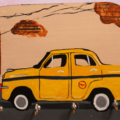 Wooden Key Holder Hand Painted Kolkata Heritage Taxi with 4 Key Hooks