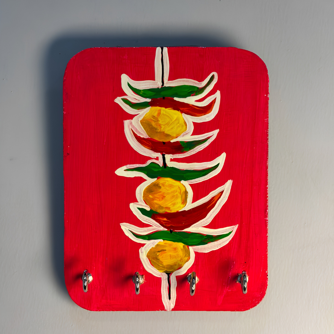 Hand-Painted Wooden Key Holder for Wall with 4 Hooks