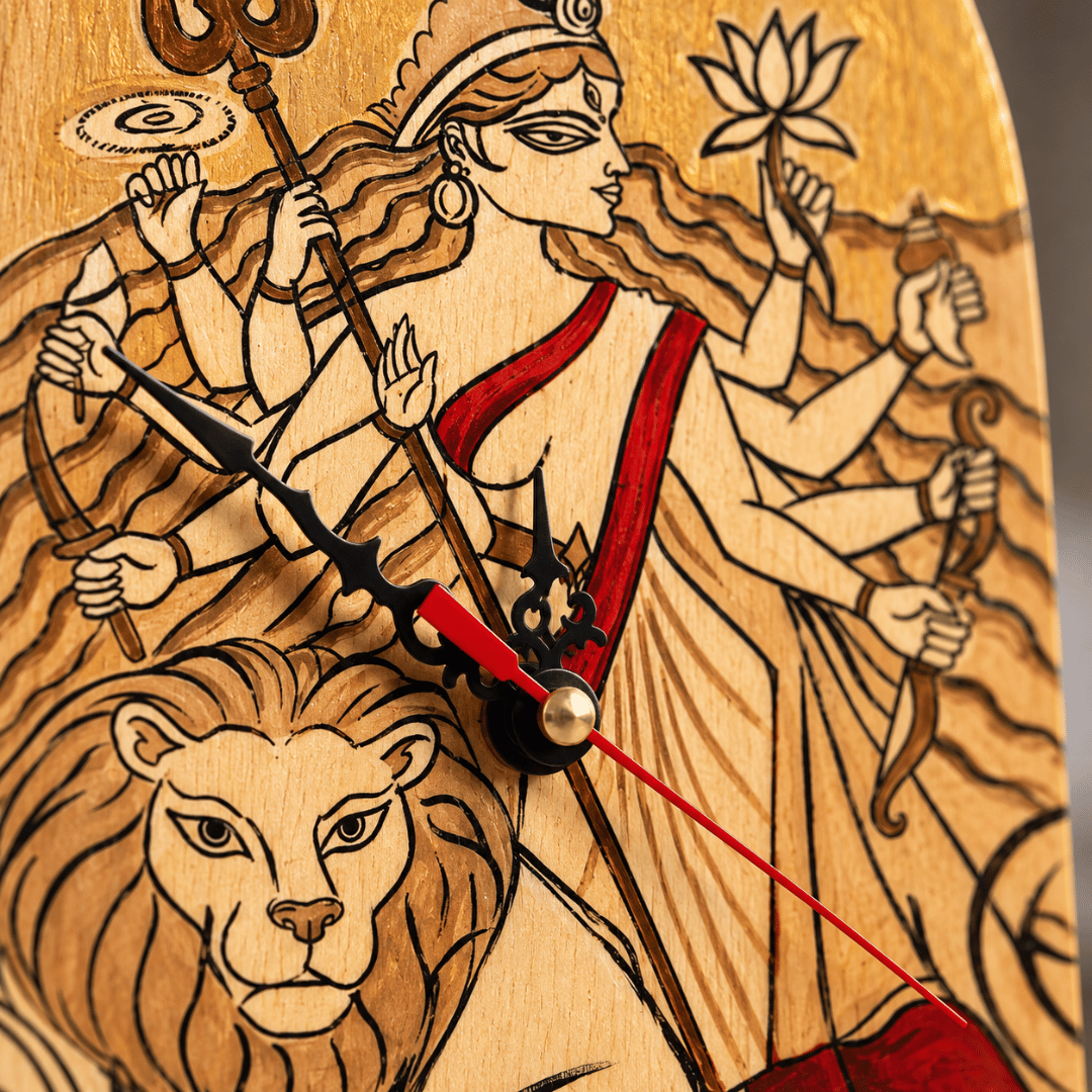 Wooden Handcrafted Wall & Table Clock Maa Durga