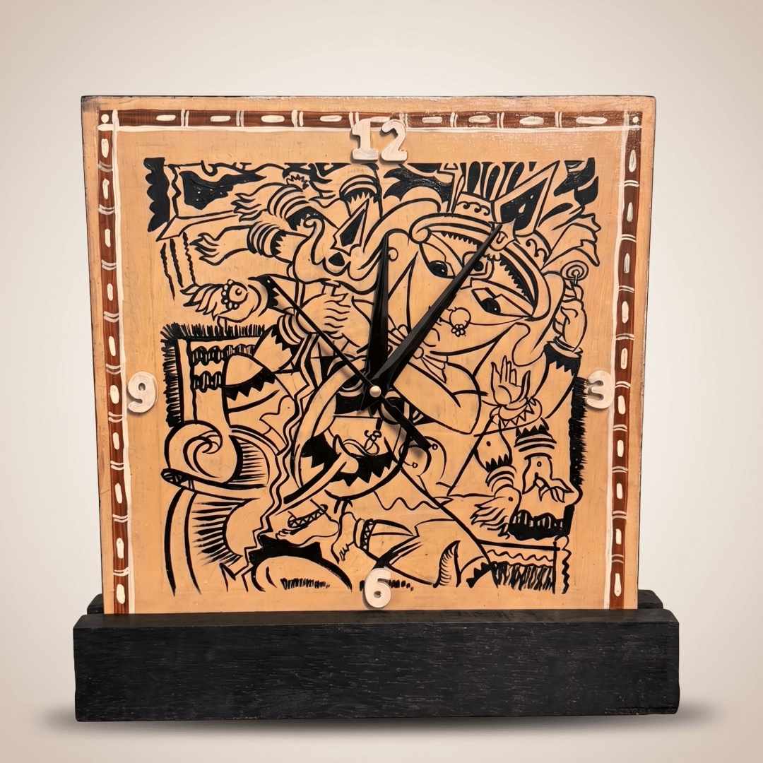 Wooden Handcrafted Clock with Wall Mount & Table Stand Maa Durga Painting