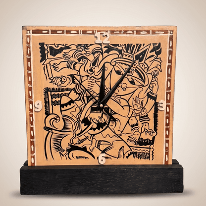 Wooden Handcrafted Clock with Wall Mount & Table Stand Maa Durga Painting