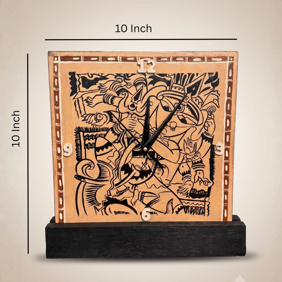 Wooden Handcrafted Clock with Wall Mount & Table Stand Maa Durga Painting