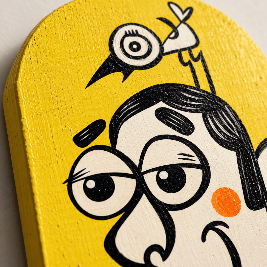 Handpainted Wooden Key Holder with 4 Hooks | Quirky Yellow Wall Decor