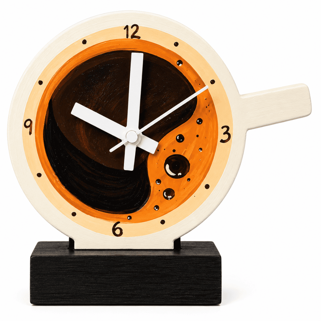 Handcrafted Wooden Desk Clock Coffee Cup Themed