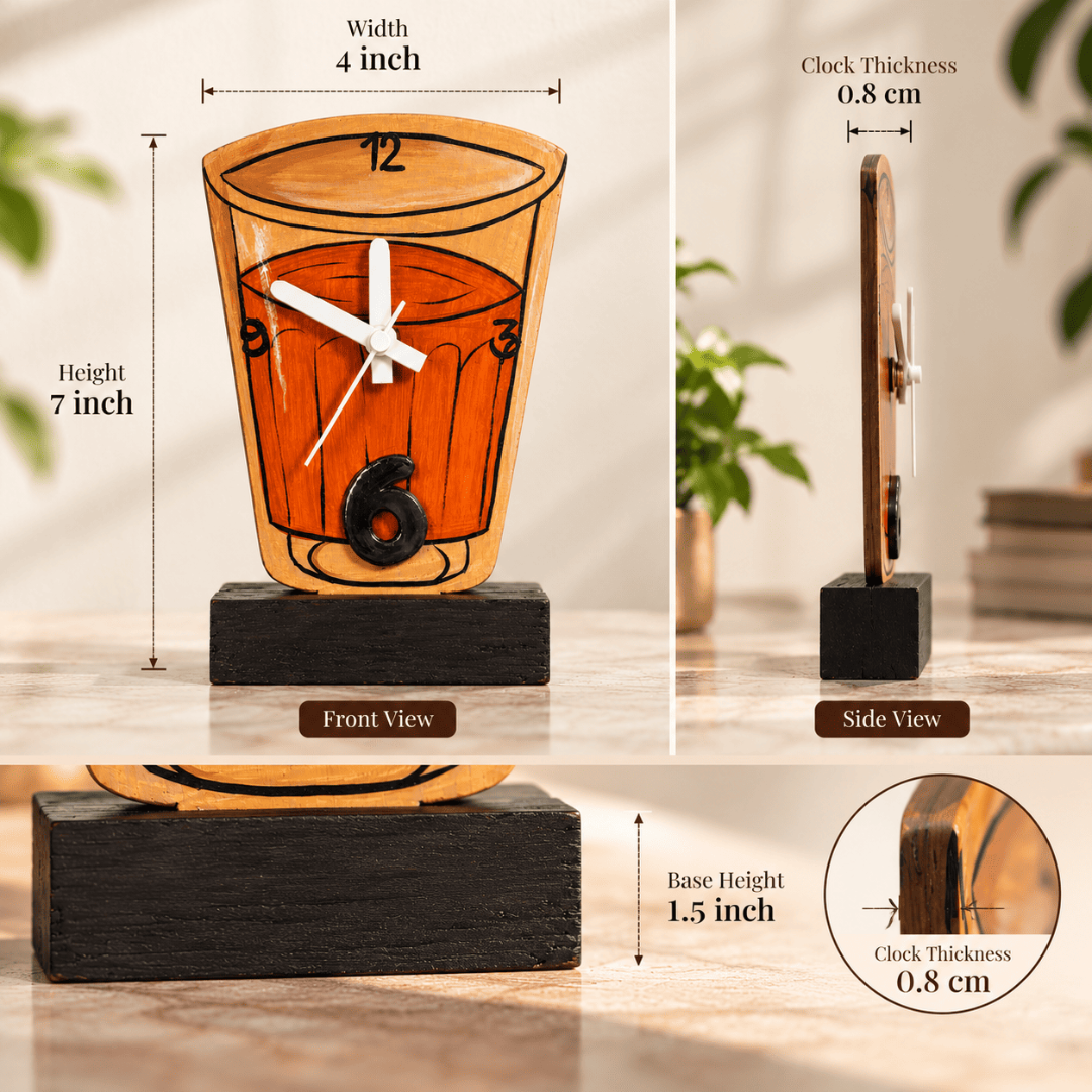 Handcrafted Wooden Table Clock Chai Cup Home Decor