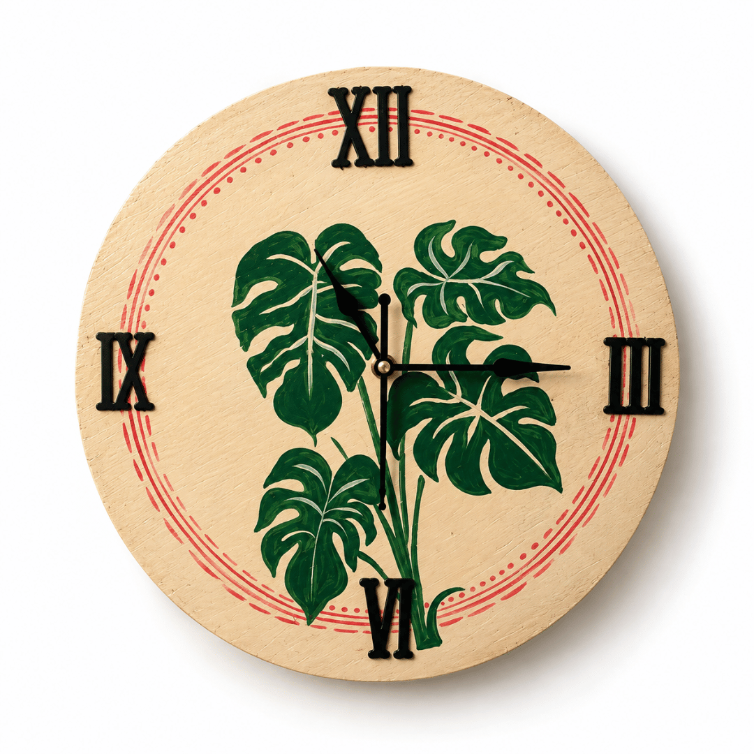 Wooden Wall Clock Hand painted Kantha Style Embroidery