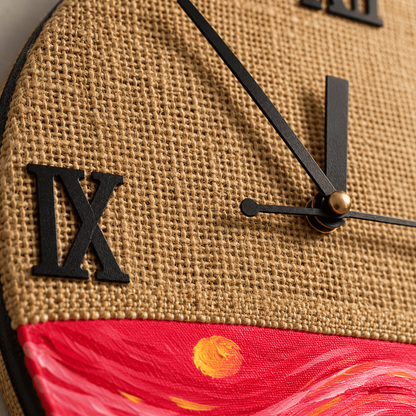Handcrafted Wooden Wall Clock with Hand-Stitched Jute & Van Gogh Starry Night