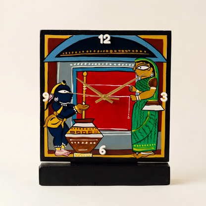 Table Clock Wooden Hand Painted Jamini Roy Art
