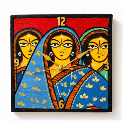 Handcrafted Wooden Wall Clock Inspired by Jamini Roy