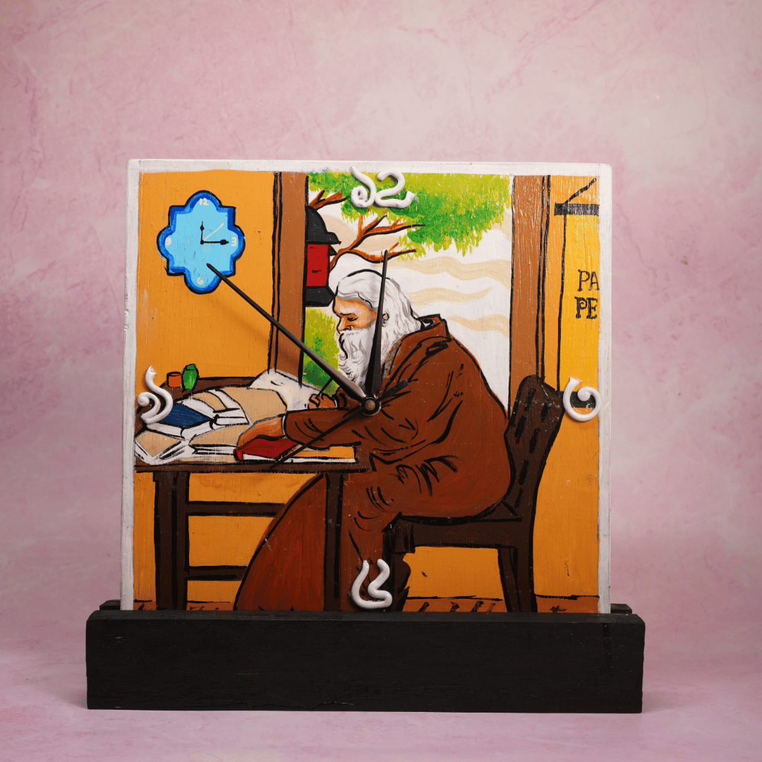 Wooden Wall & Table Clock Hand Painted Rabindranath Tagore with Wall Mount & Table Stand